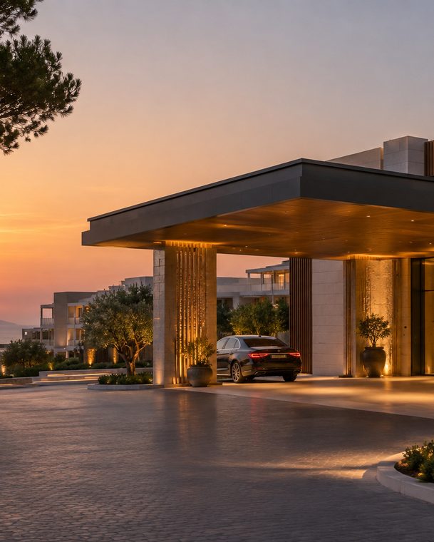 The entrance canopy at sunset, lit from beneath, a car at the door and olive trees in stone planters