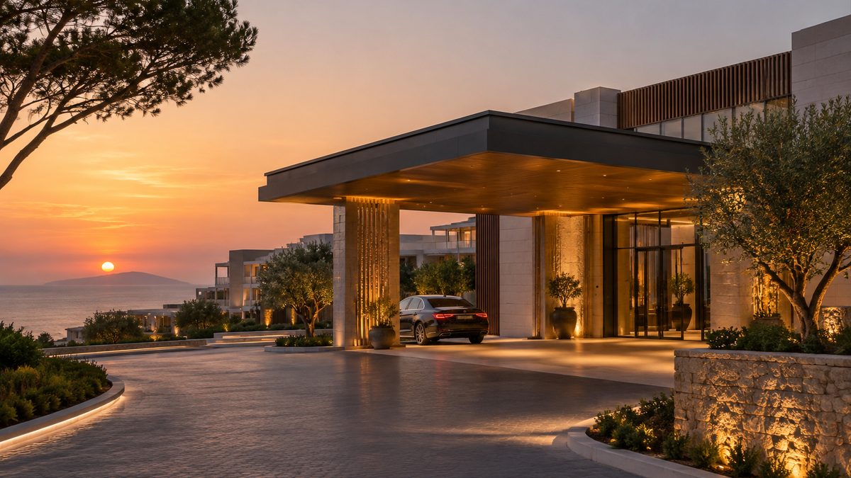 The entrance canopy from the drive, lit from within, olive trees in stone urns either side and the sun going down behind