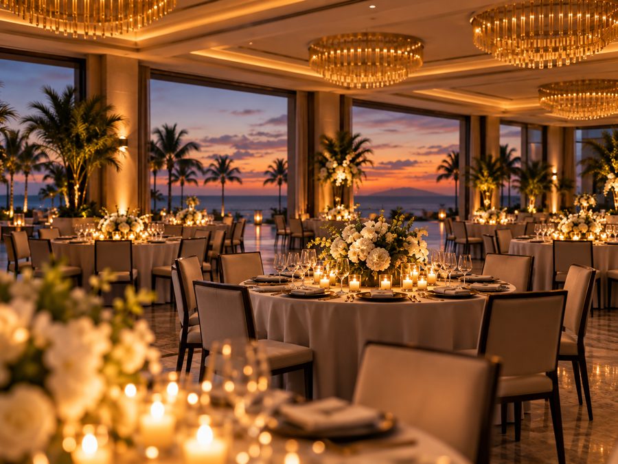 The banqueted ballroom from among the tables, a white floral centerpiece and candles on the near table, chandeliers and the terrace windows beyond