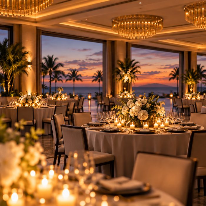 One banquet table set with white florals and candles, glass chandeliers above it and the sunset through the windows