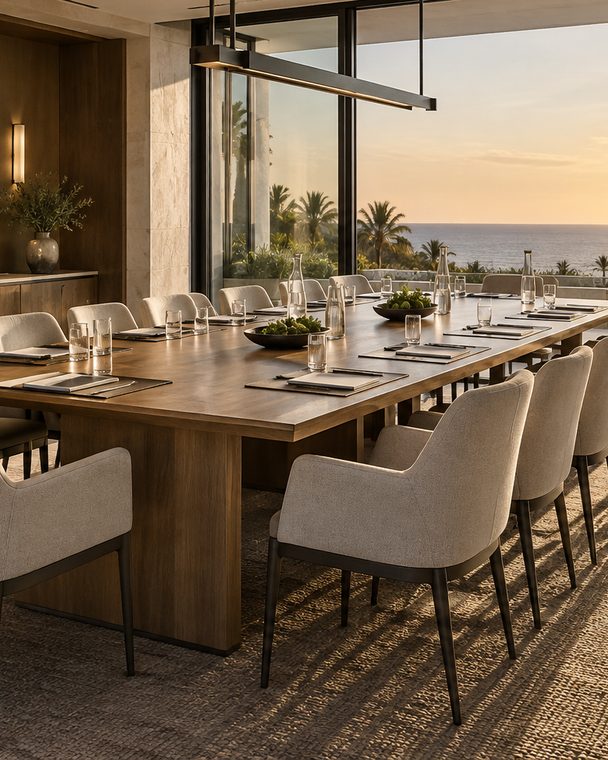 The boardroom table from the door end, pads, tumblers and water carafes set down its center, upholstered chairs on both sides and the glazed wall behind