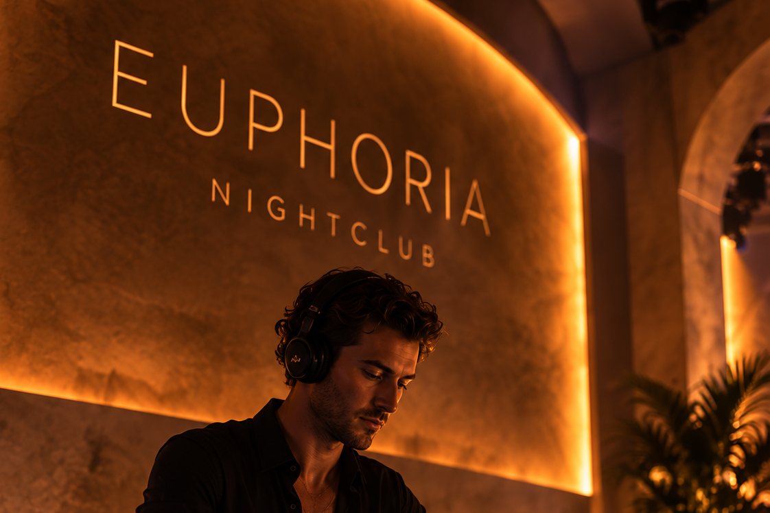 The resident in headphones under the lettered wall
