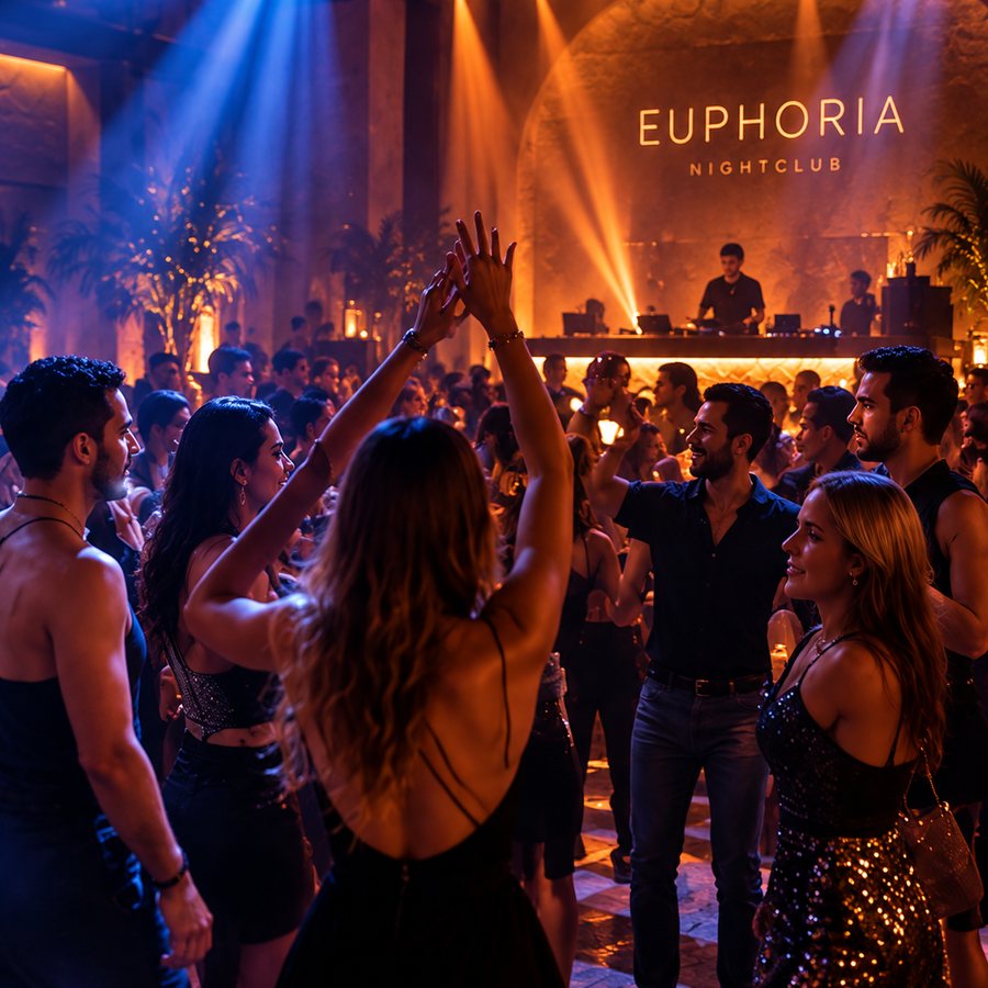 Guests dancing with hands raised under the beams, the booth and the arch behind them