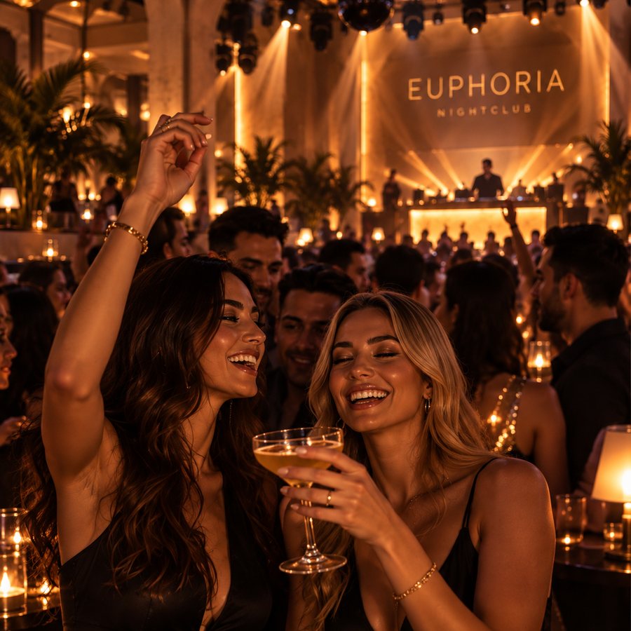 Two guests laughing with cocktails on the floor, the booth lit behind them