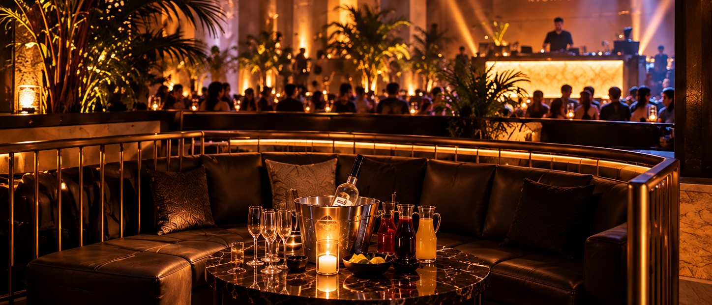 A banquette on the rail among the palms, the floor and the booth beyond it