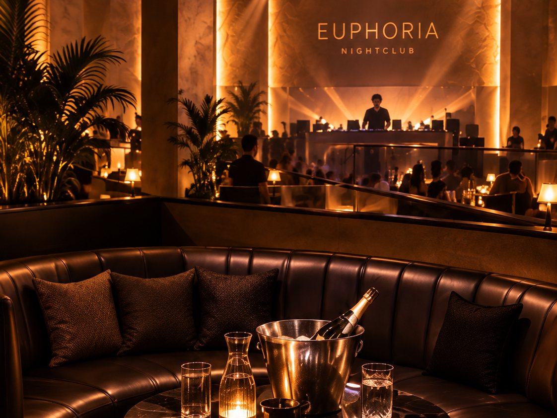 A round table with champagne on ice at a banquette on the rail, the booth across the room