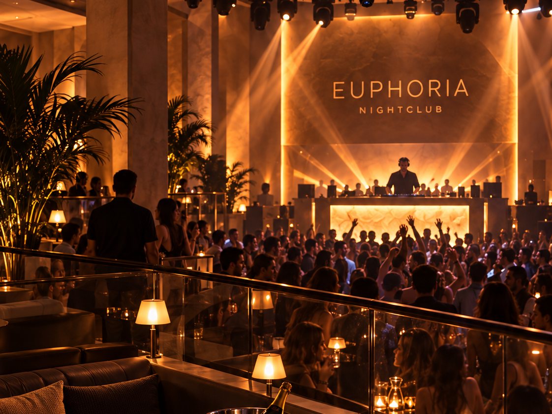 The floor from the upper rail, a table with candles at the balcony edge and the booth across the room