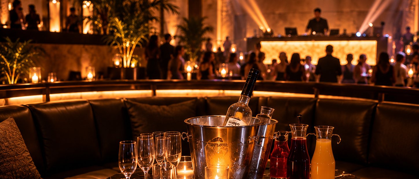 A table at Euphoria laid with bottles on ice at a curved banquette, the floor and the booth behind it