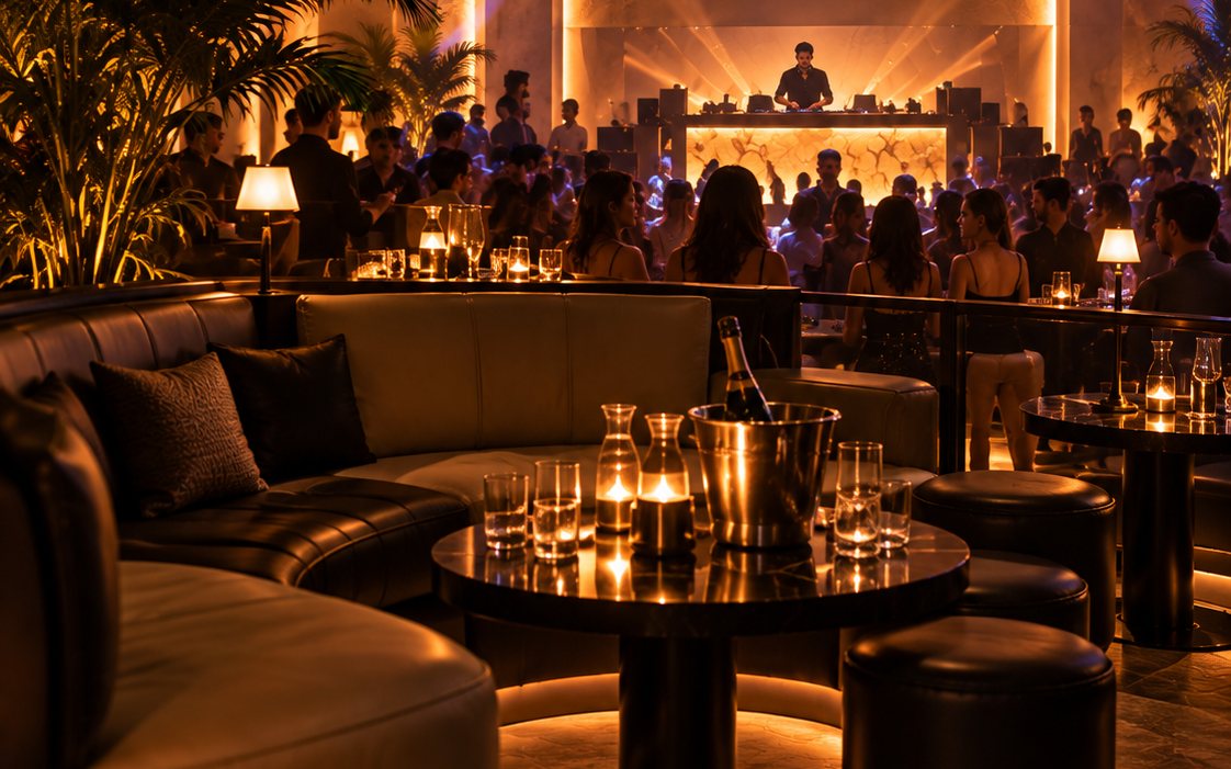 A long curved banquette around its own table in the corner, laid with bottles on ice, the booth beyond it