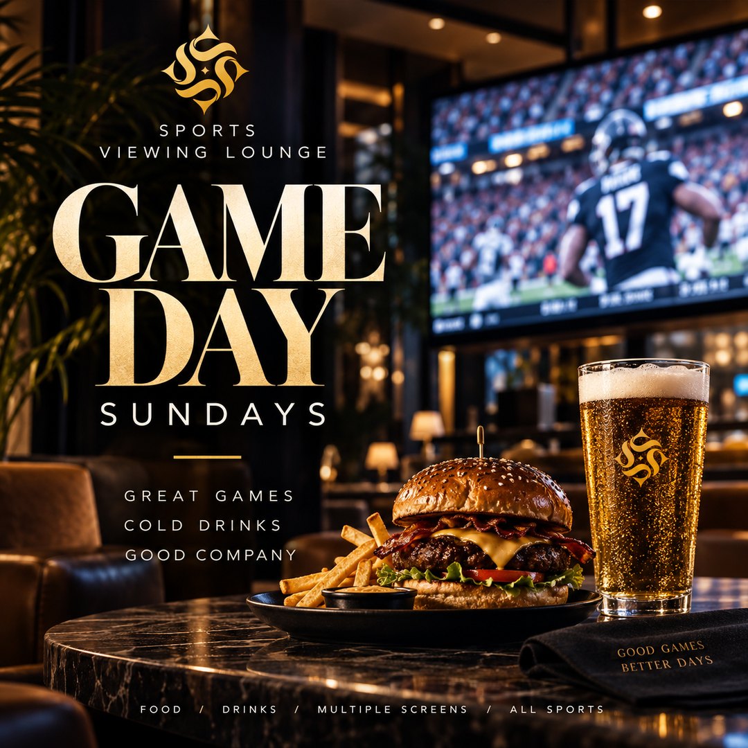 Event poster: leather chairs and a wall screen showing football, with a burger and a branded glass on black marble