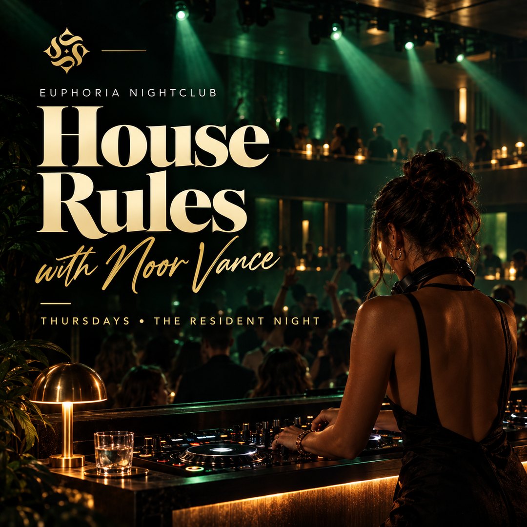 Event poster: a DJ seen from behind at the decks in a deep green room, her hair up, a brass lamp beside her and the balcony above