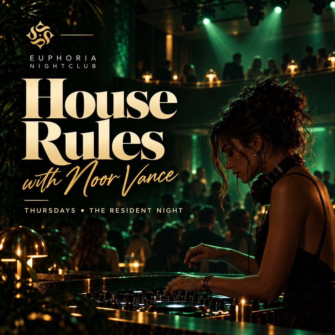 Event poster: a DJ in profile at the decks, headphones round her neck, green light on the balcony behind