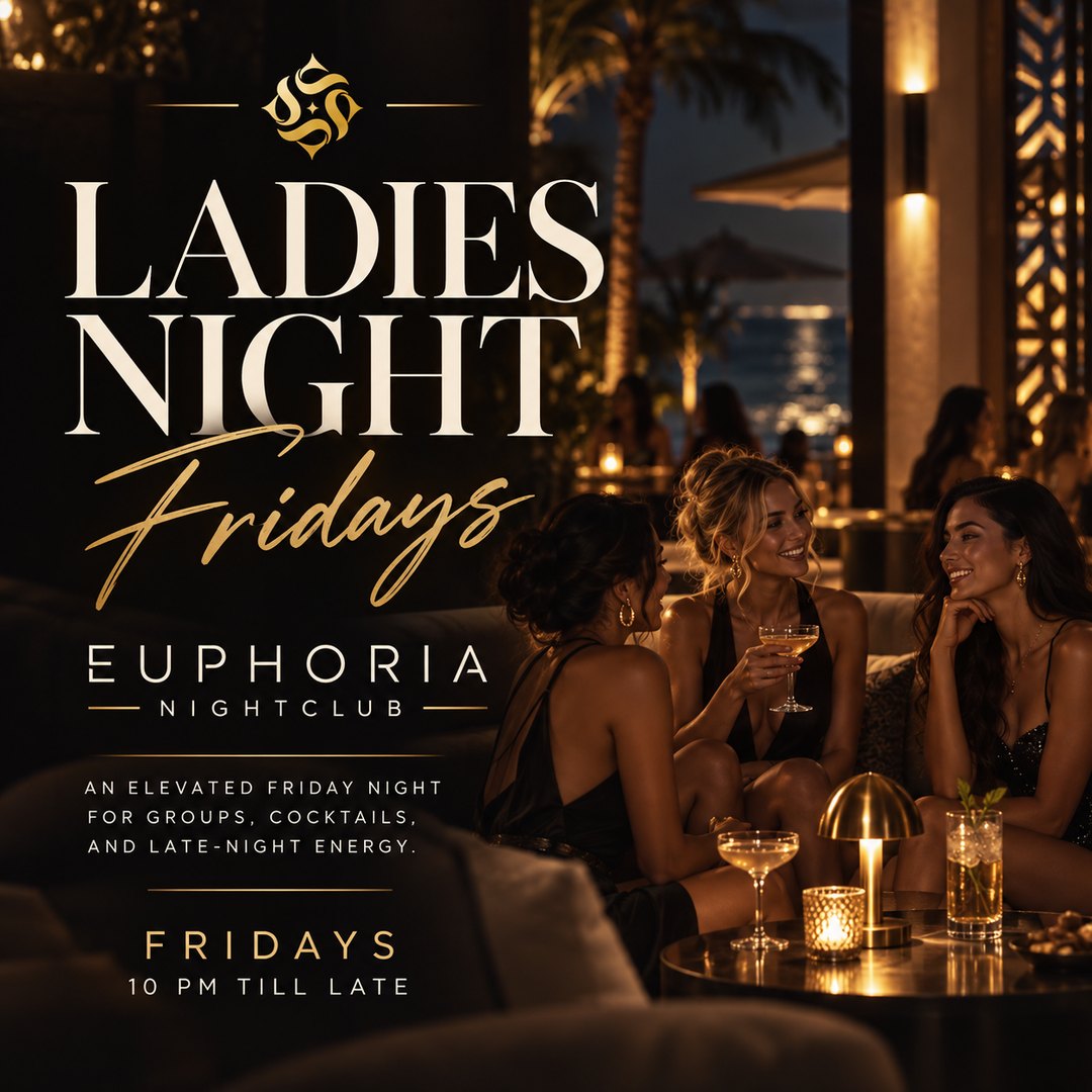Event poster: three figures at a low table with a gold dome lamp, palms and a lit terrace behind
