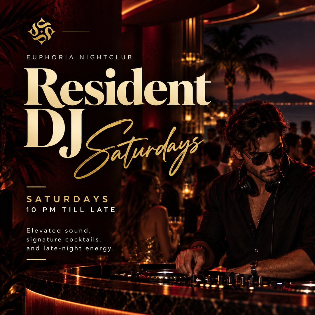 Event poster: a DJ at a lit booth with a palm and a coastal town at dusk behind