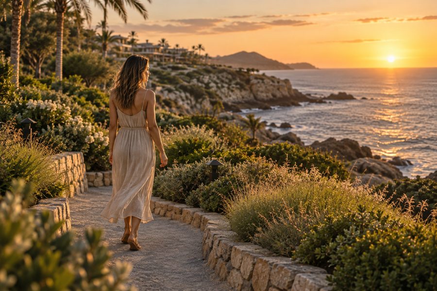 A guest walking the coastal path along the headland at sunset, the resort stepping along the ridge behind and surf below