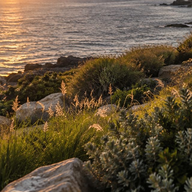 Flowering coastal scrub and rocks beside the headland path, the sea behind them in the last light