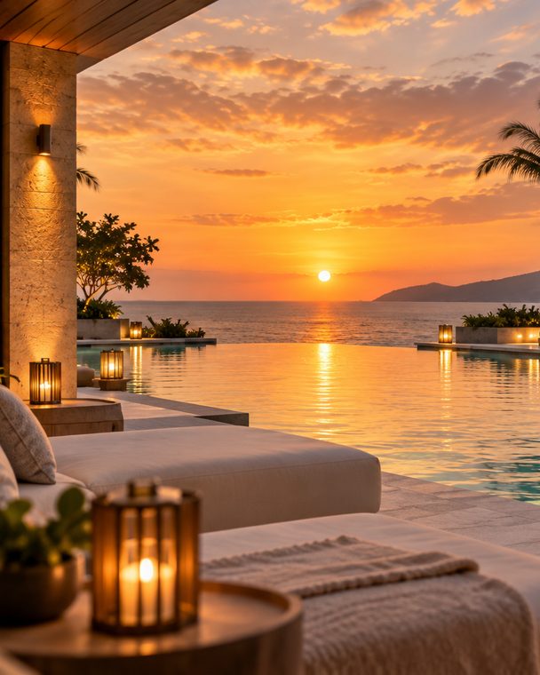 The view from inside a cabana: a daybed and a lantern in the foreground, the pool edge and the sun on the sea beyond