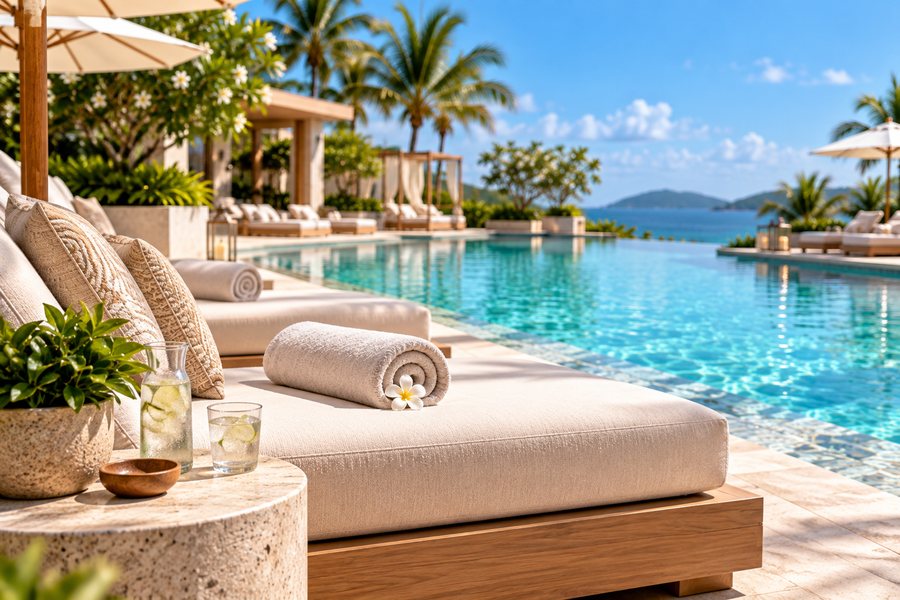 A daybed at the pool edge with a rolled towel on it and a drink on the stone table alongside