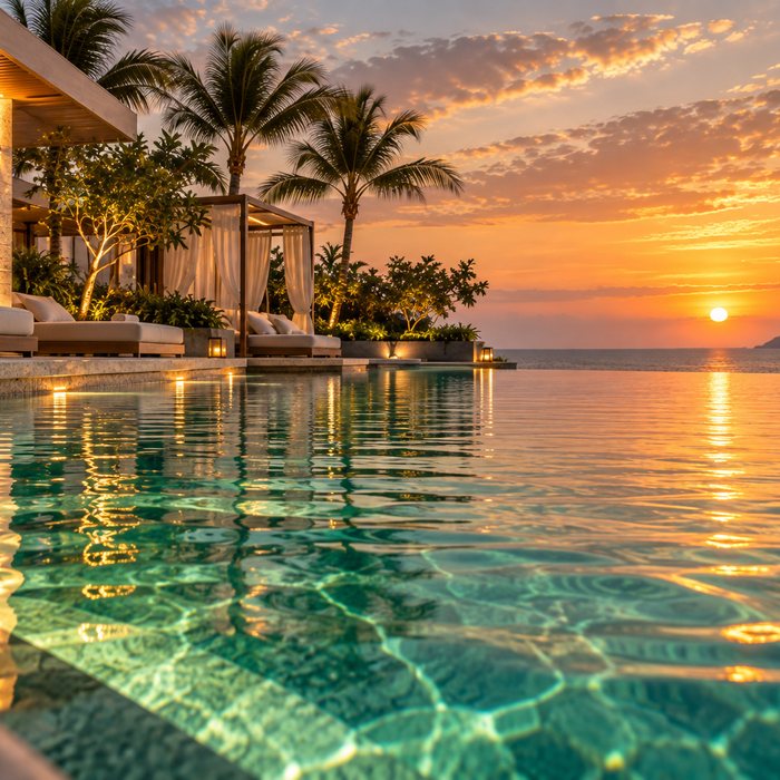 The water at eye level from the pool edge at sunset, the lit cabana row reflected in it