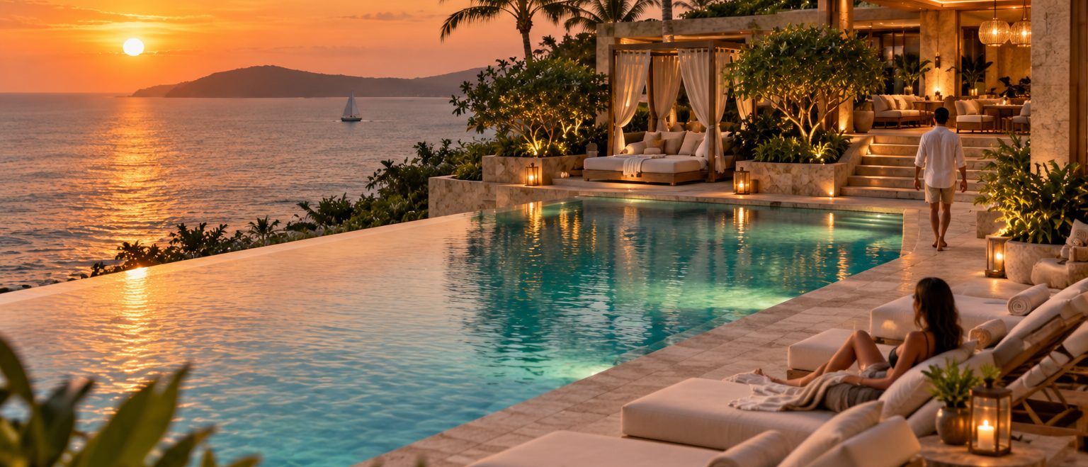 Emerald Pool at sunset from the deck, a guest in white walking past a cabana and another on a lounger, a sailboat on the horizon