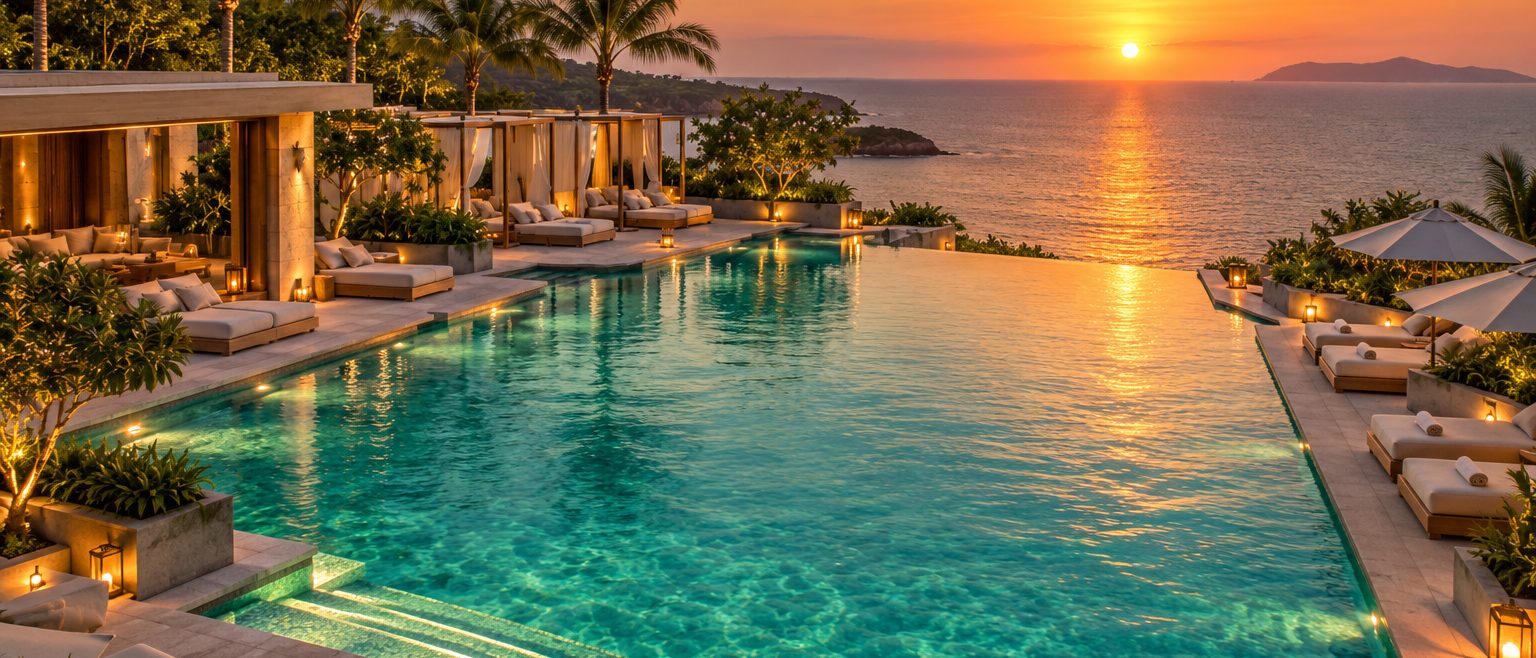 Emerald Pool along its length at sunset, cabanas with drawn curtains on one side and loungers on the other, the sun low over the sea