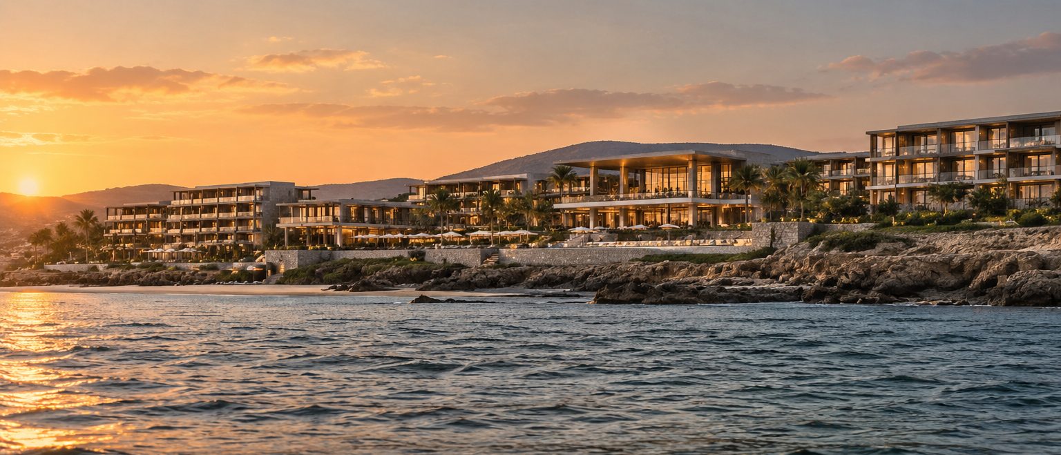 Sunset Shores from the water at sunset, the guest wings and the main pavilion stretched along the rocky shore