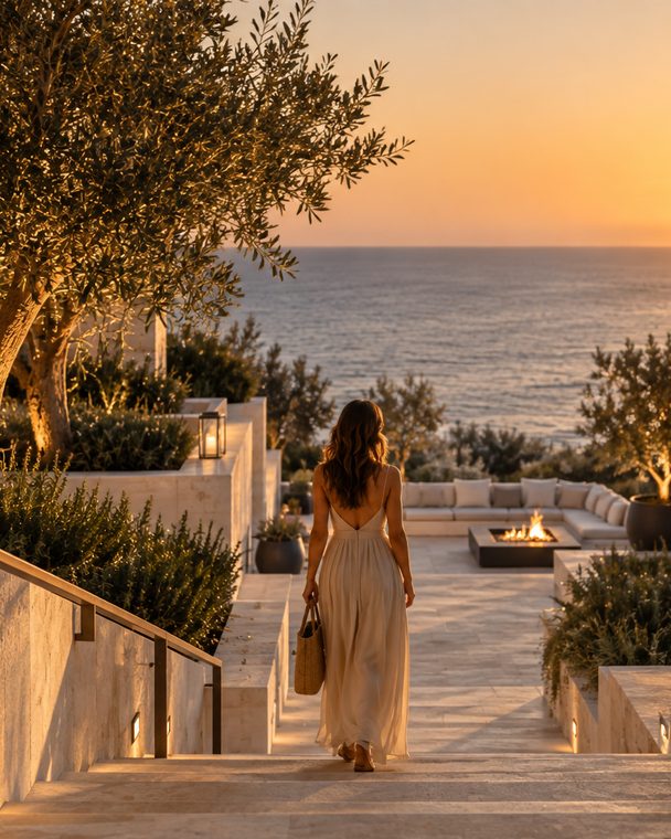 A guest walking down a stone stair between planted terraces toward a lit fire table and the sea at sunset