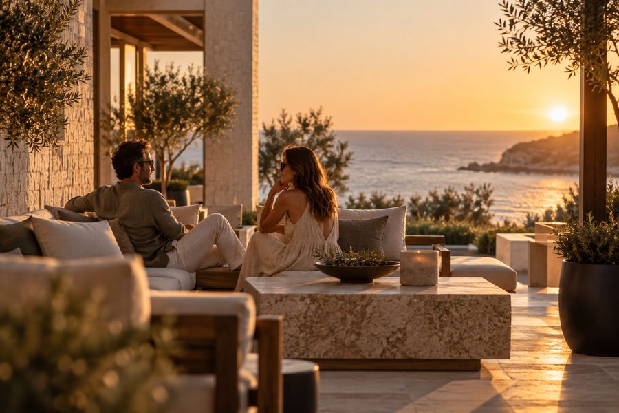 Two guests on a deep terrace sofa at sunset, a travertine table with an olive bowl and a candle, the sea and a headland beyond