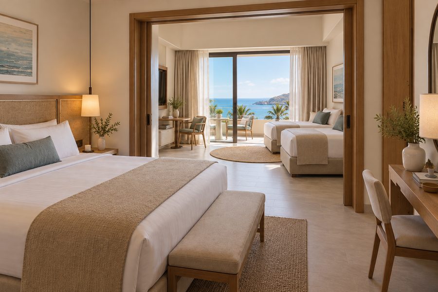 A king bedroom in the foreground and, through an open connecting door, a second bedroom with two beds and its own balcony onto the bay