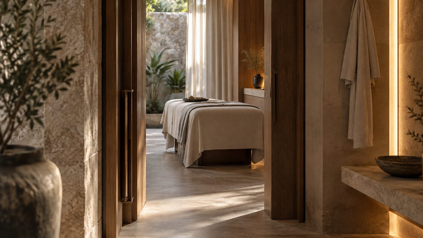 A treatment bed seen through an open timber door along a travertine corridor, a planted courtyard beyond the curtain
