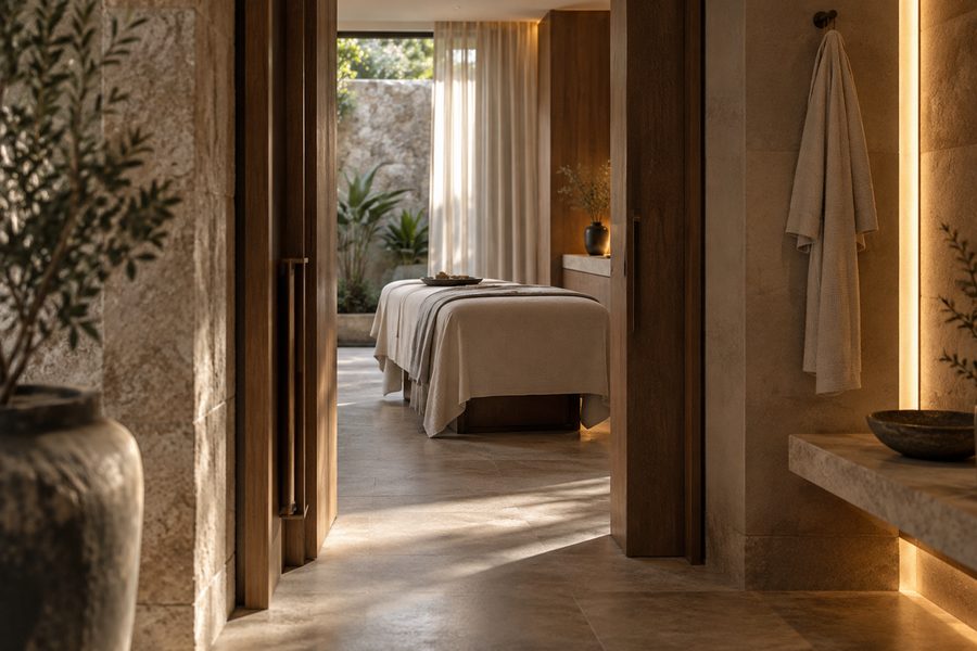 A treatment bed under folded linen seen through an open timber door, a planted courtyard beyond the curtain