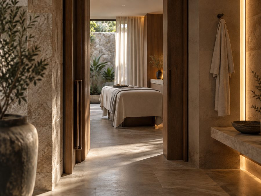 A treatment bed under folded linen through an open timber door, a sheer curtain and a planted courtyard behind it