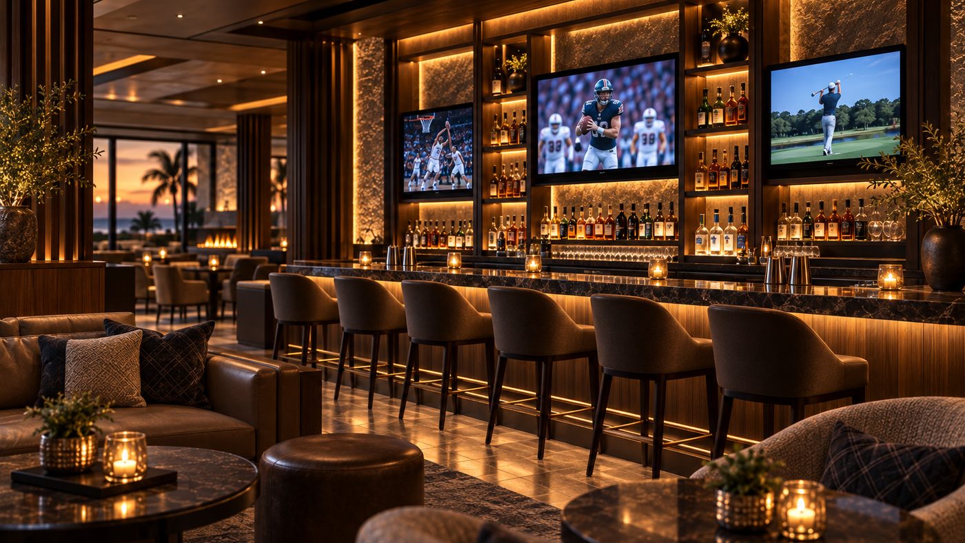 The Sports Viewing Lounge bar in the evening, three screens showing football and golf above the lit bottles, stools along the counter and candlelit tables in front