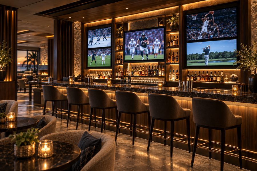 The room across its width, two banks of screens above the bar, the stool run and candlelit tables beyond