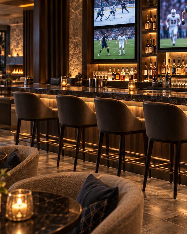 The back bar at close range, bottles lit on timber shelves above a dark stone counter
