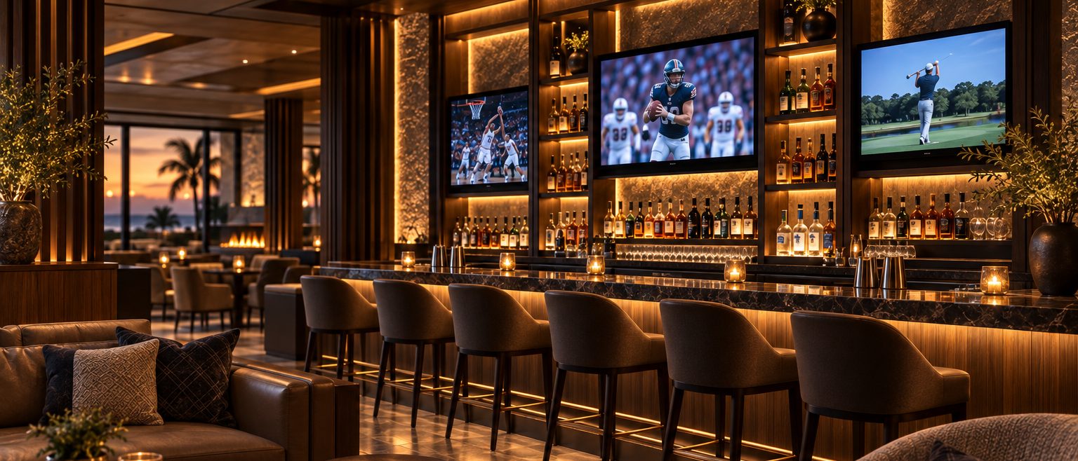 The room from a lounge seat, deep seating and candlelit tables in the foreground, three screens over the lit bar beyond