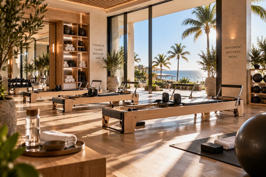 Timber reformers in a rank on a wood floor, a shelved wall of rolled towels and weights at one side, palms and the sea through the glazing