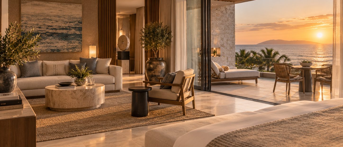 A suite running from a full sitting room to the foot of the bed, terrace doors open to a lounger, chairs and the sun on the sea