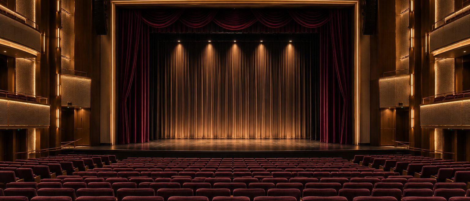 The auditorium from the back of the stalls, rows of burgundy velvet seats running down to a lit pleated house curtain inside a gilded proscenium, boxes stepping up either side