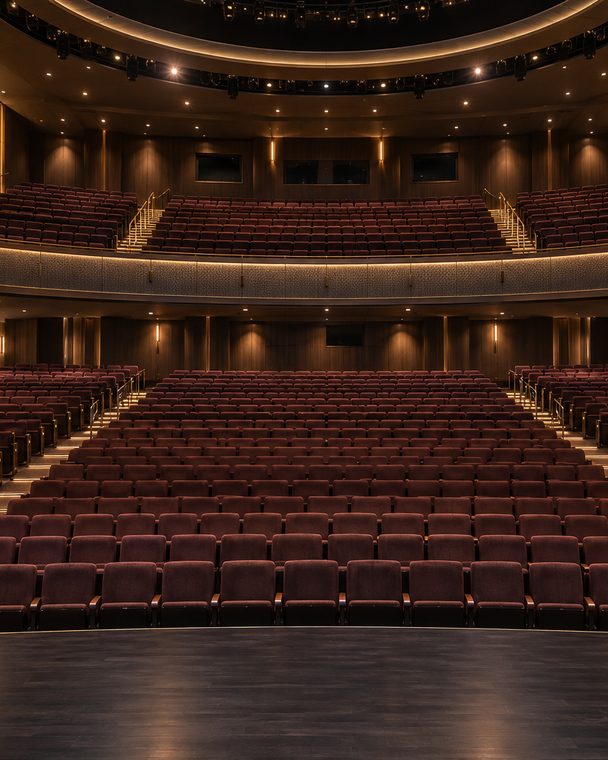 The house seen from the stage, the rake of empty burgundy seats and a balcony level above them, bronze wall panels lit from below