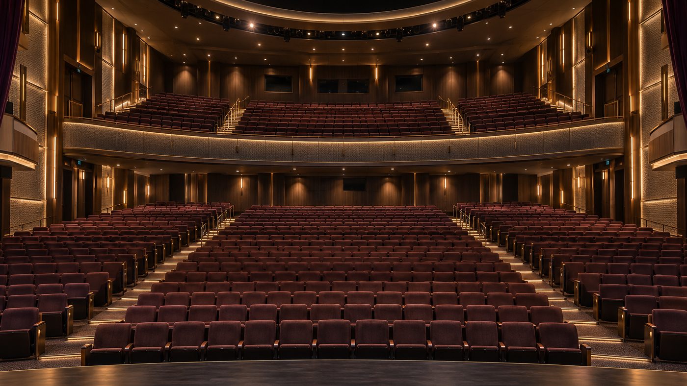 The Zephyr Theatre from the stage, rows of burgundy seats rising to a curved balcony, the walls lit low in bronze and gold