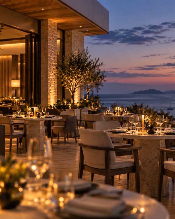 Laid tables along the Vera colonnade at dusk, olive trees between them, the headland beyond